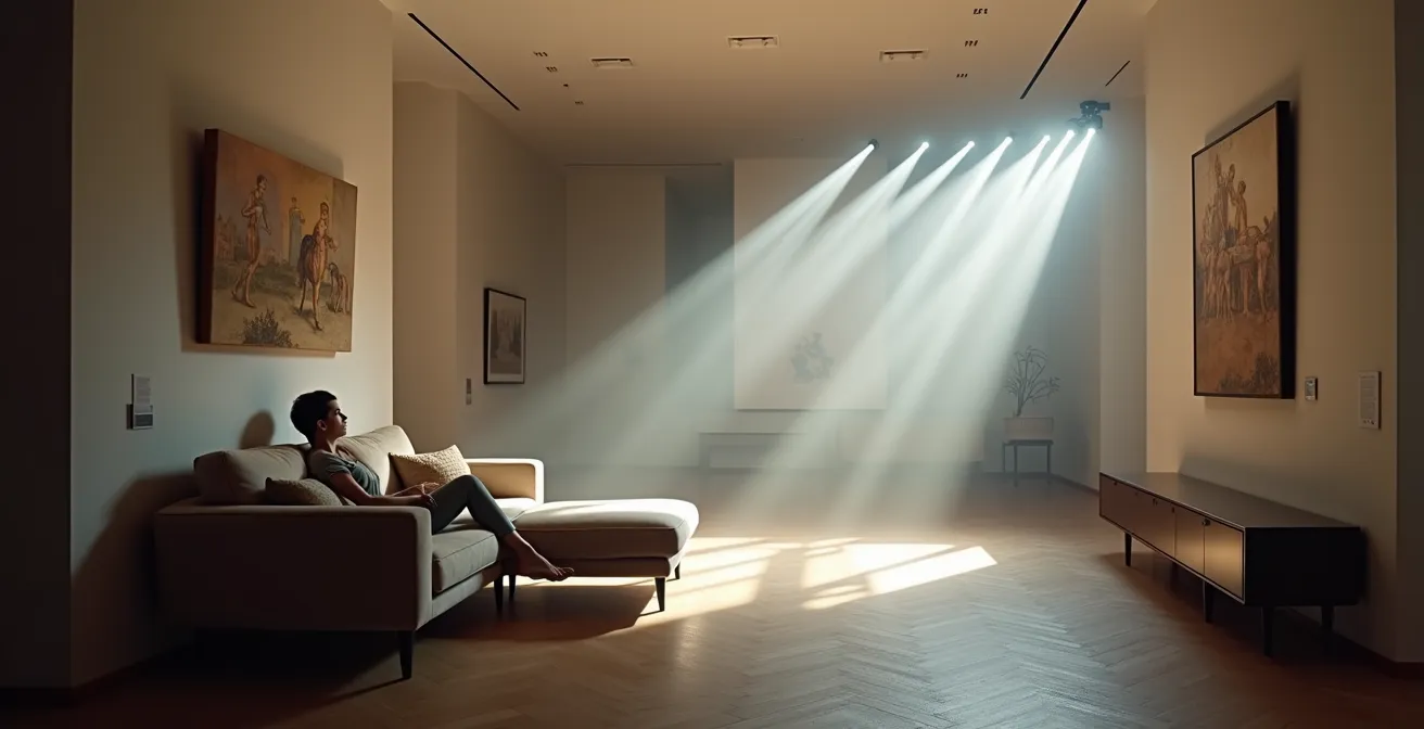 Seitenansicht zeigt optimale 30-Grad-Positionierung eines Spots zur Bildbeleuchtung ohne Blendung