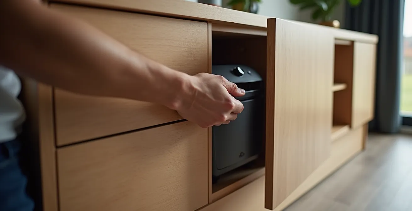 Elegante Integration einer Saugroboter-Station in einem Schweizer Wohnzimmer