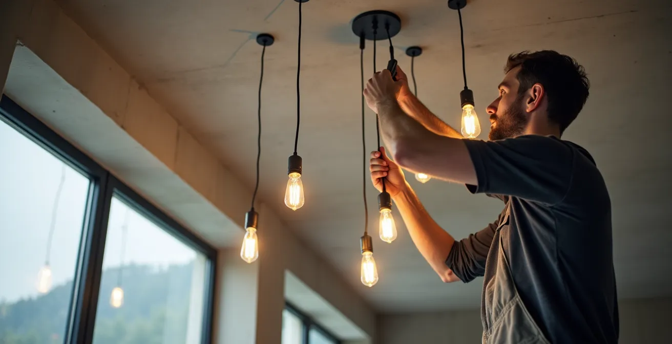Installation von drei Pendelleuchten mit Affenschaukel-System an Schweizer Betondecke