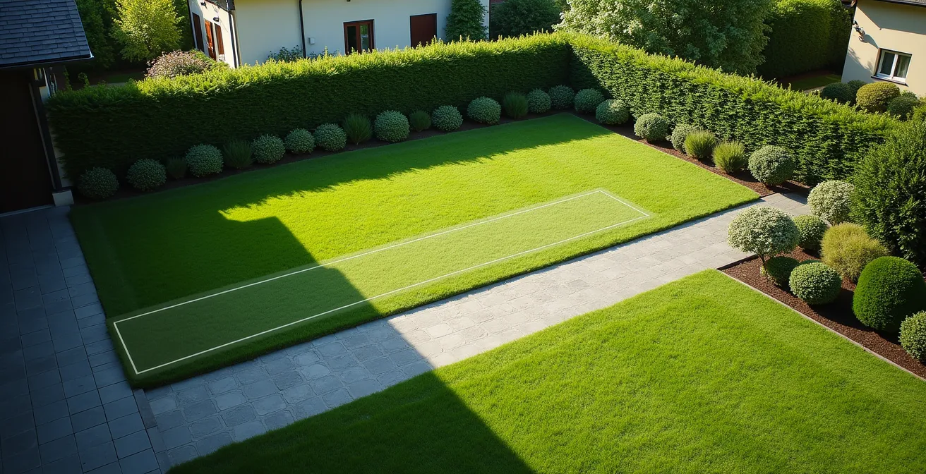 Gartenansicht von oben mit visualisierten virtuellen Grenzen und Privatsphären-Masken zur Darstellung von Aktivitätszonen.