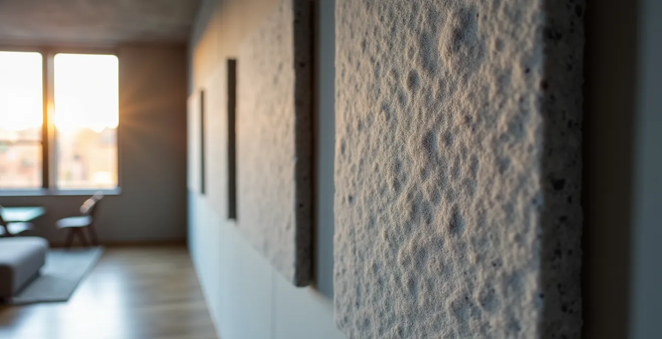 Moderner Wohnraum mit dekorativen Akustikpaneelen aus Filz und schallabsorbierenden Möbeln