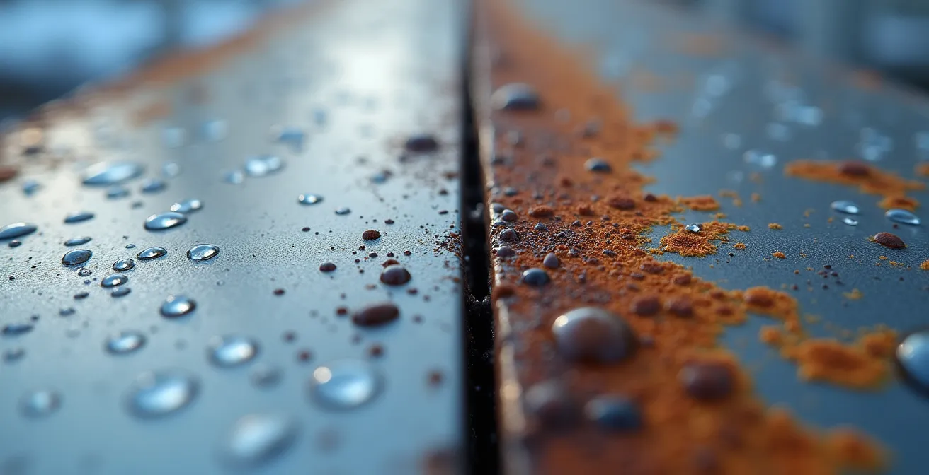 Makroaufnahme zeigt Oberflächenveränderungen von Aluminium und Stahl nach mehreren Wintern