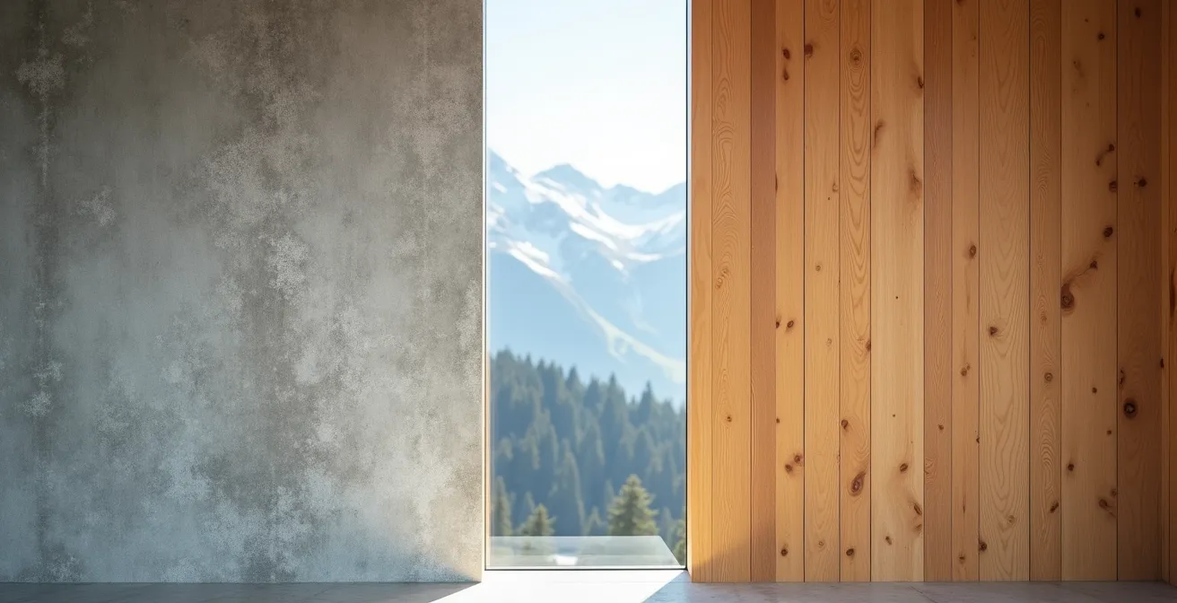 Moderne Innenarchitektur mit Sichtbeton und warmem Holz in einem Schweizer Chalet, die ein perfektes Gleichgewicht zwischen kalten und warmen Materialien zeigt.