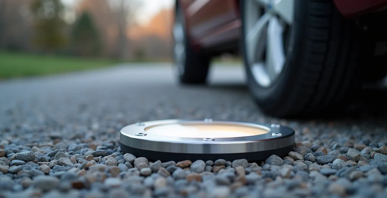 Nahaufnahme eines robusten Bodenstrahlers in einer Einfahrt mit einem Autoreifen im Hintergrund, der die Belastbarkeit symbolisiert.