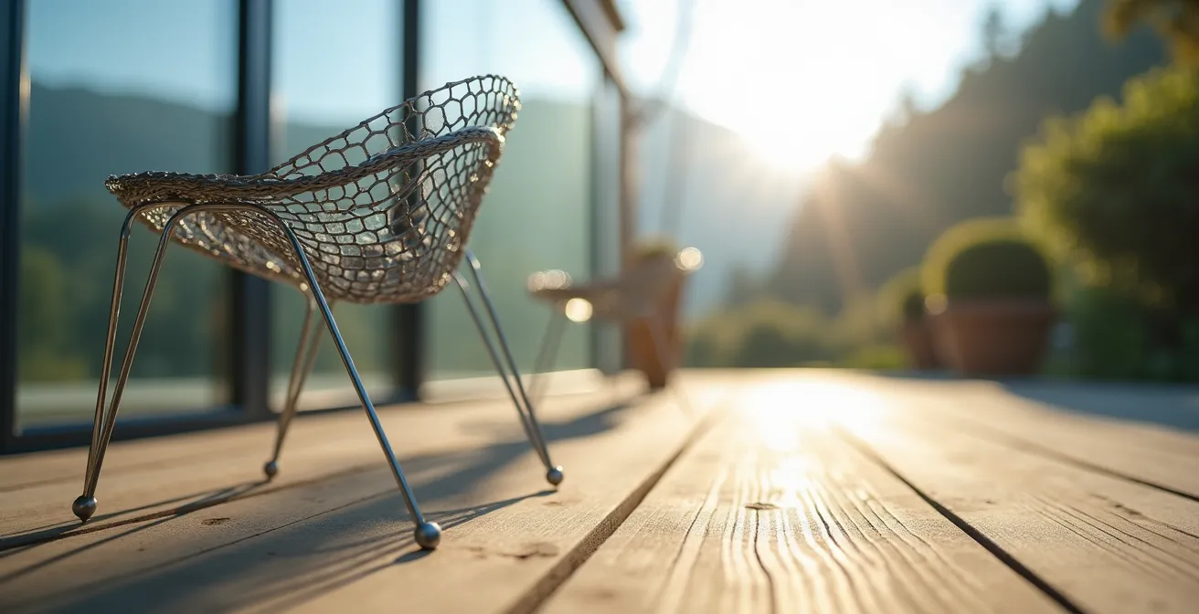 Makroaufnahme von filigranen Outdoor-Möbeldetails aus Drahtgeflecht vor bodentiefen Fenstern