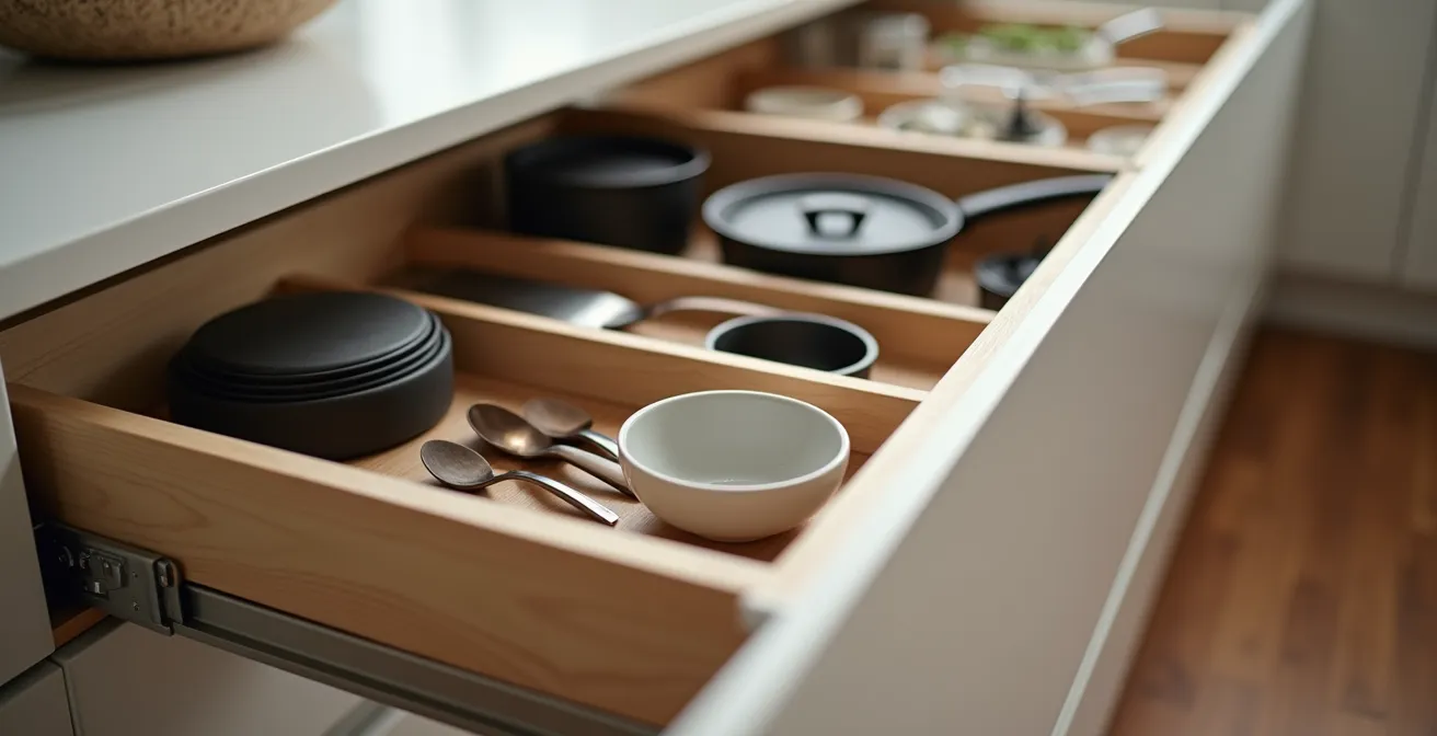 Detailansicht eines vollständig ausgezogenen 90cm breiten Küchenauszugs mit optimaler Raumnutzung