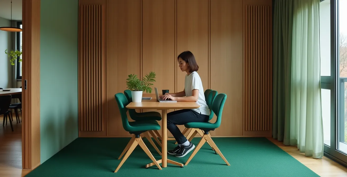 Farblich abgegrenzter Arbeitsbereich in einer Zürcher Wohnung, der das Konzept des Color Zoning illustriert.