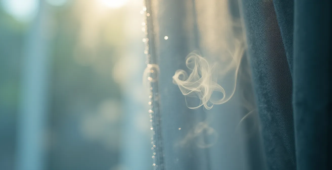 Nahaufnahme einer Dampfreinigung von Vorhängen mit sichtbarem Dampf