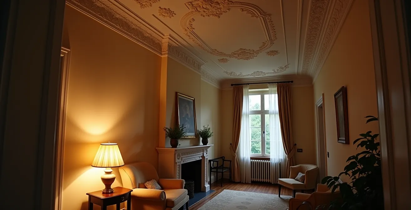 Deckenfluter beleuchtet indirekt eine Stuckdecke in einer Zürcher Altbauwohnung