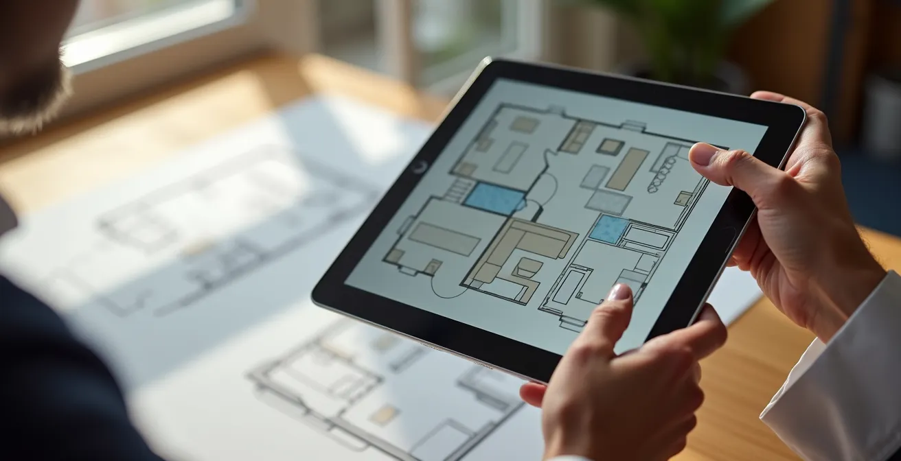 Person plant Raumaufteilung einer Schweizer Mietwohnung digital am Tablet