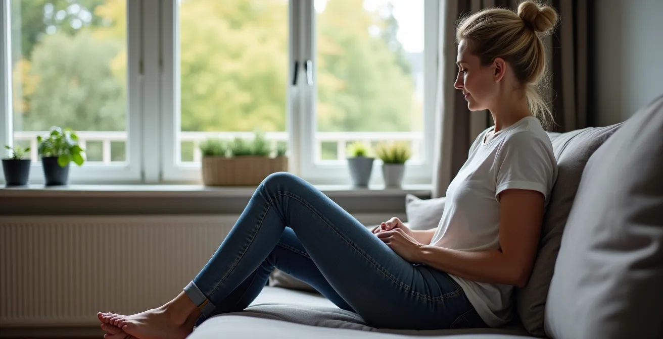 Nahaufnahme der korrekten Sitzposition auf einem Sofa mit optimaler Sitztiefe