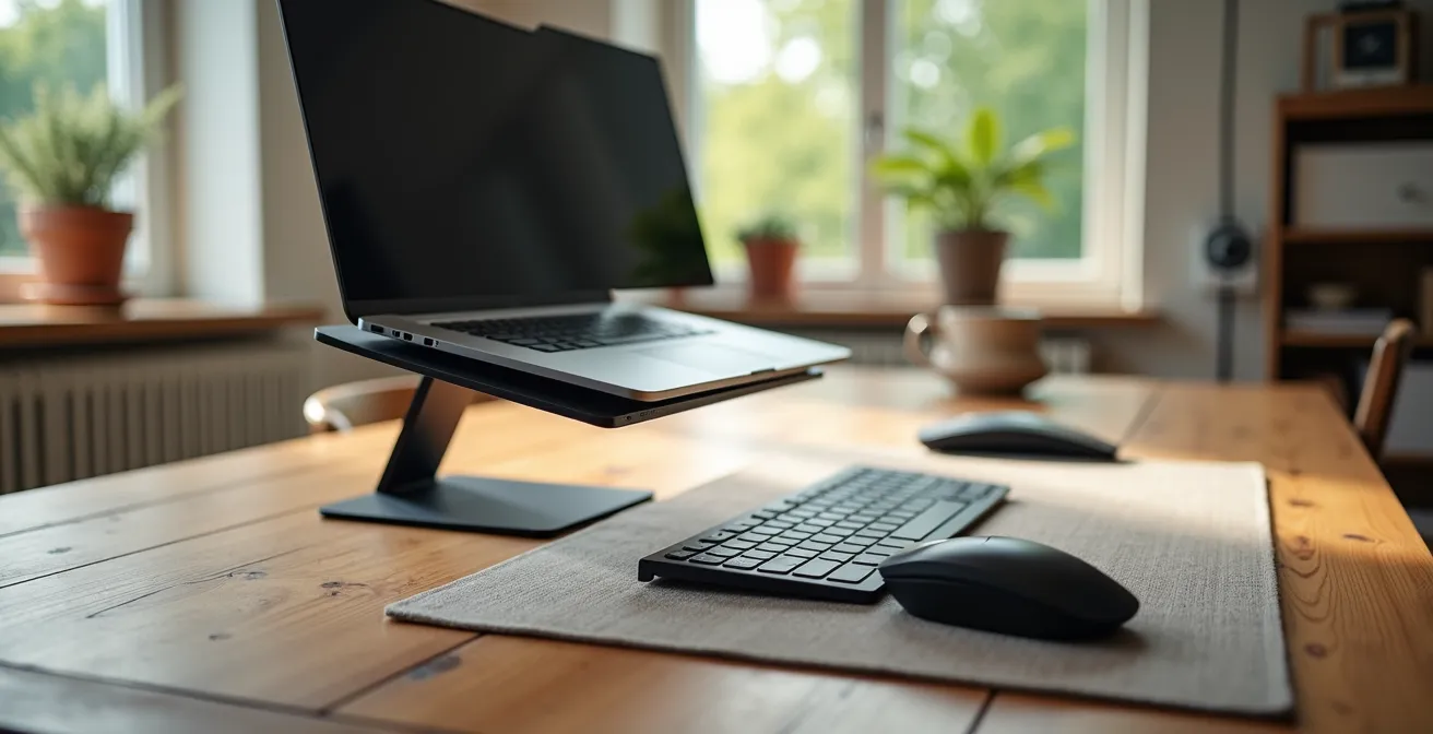 Esstisch mit ergonomischem Laptop-Setup und verstaubaren Büromaterialien