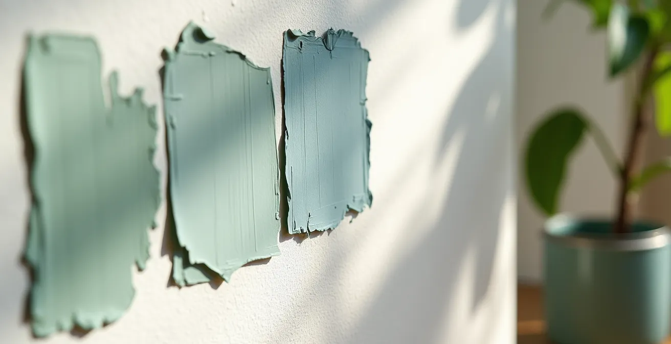 Farbproben von Salbeigrün und Taubenblau an einer Wand, die die unterschiedliche Wirkung bei Morgen- und Abendlicht in einer Schweizer Wohnung zeigen.