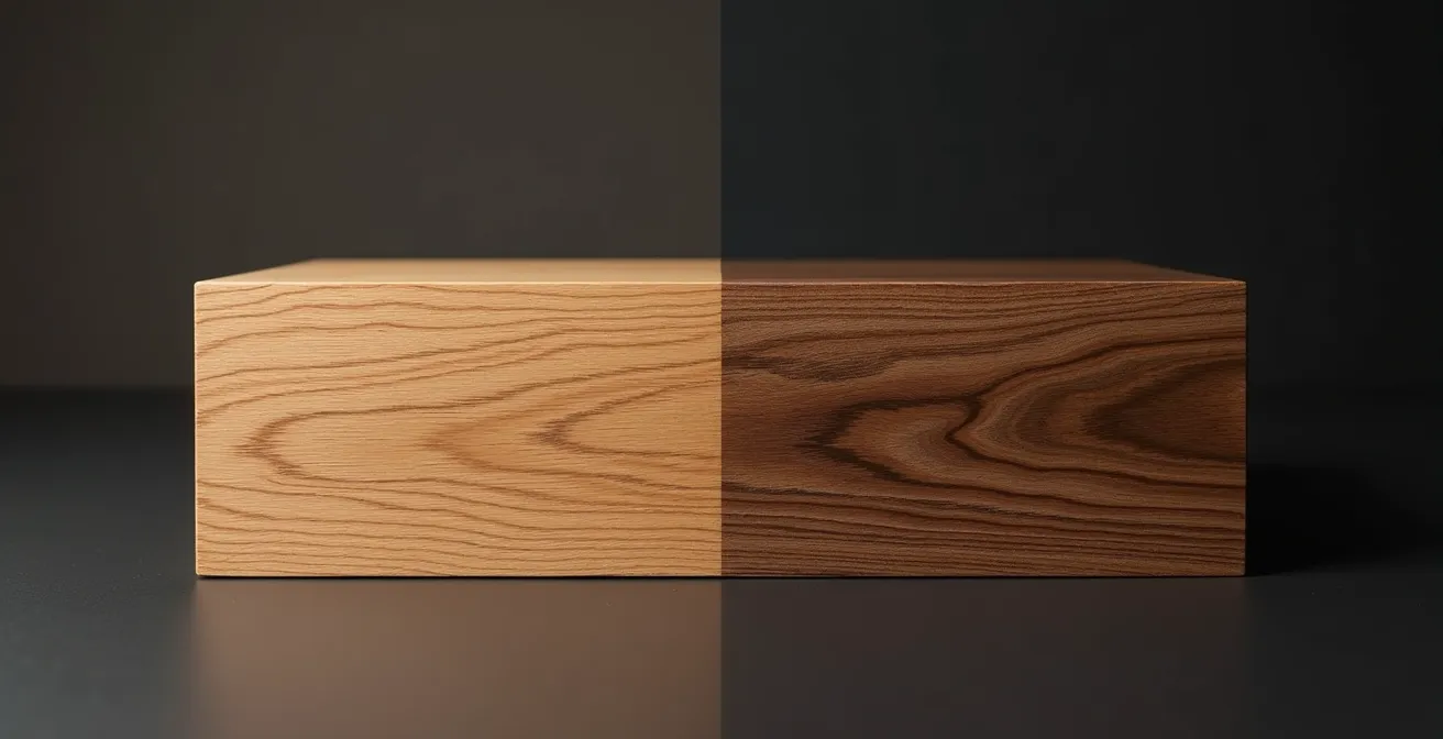 Gespaltene Ansicht von geöltem und lackiertem Schweizer Eichenholz, die den Unterschied in Textur und Glanz zeigt