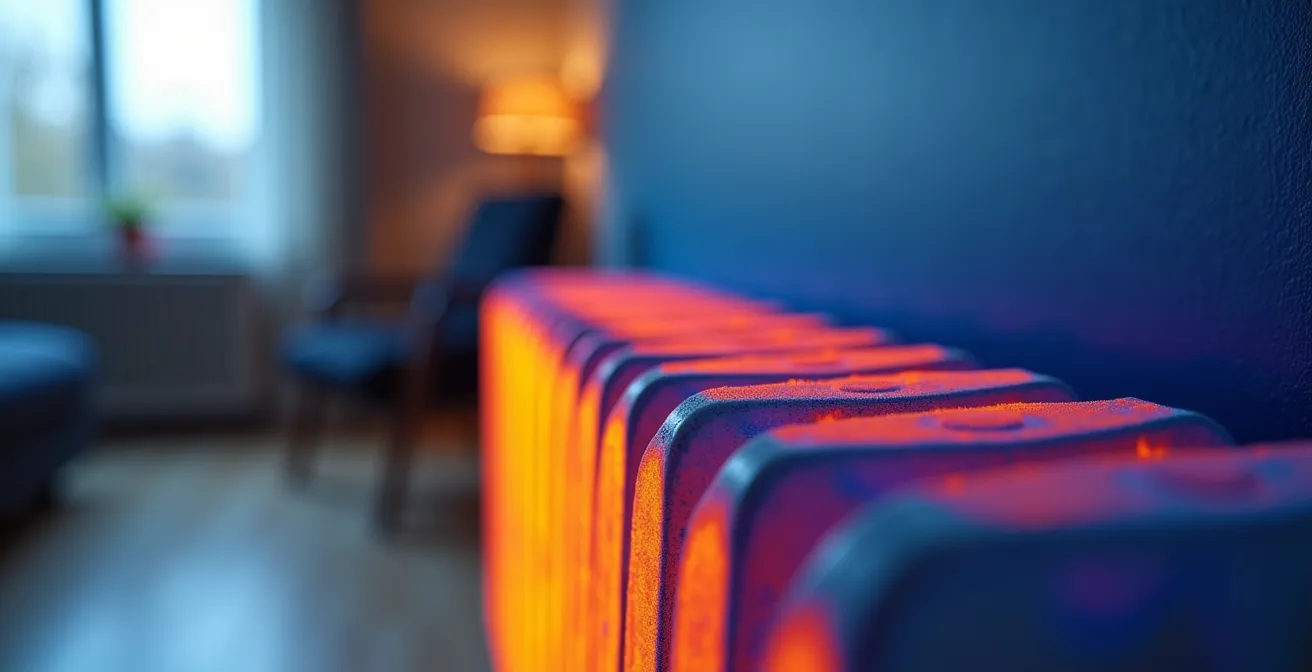 Wärmebildaufnahme zeigt blockierte Wärmezirkulation durch falsch platziertes Sofa vor Heizkörper