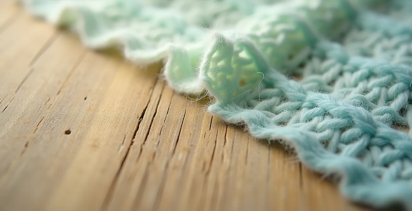 Makroaufnahme von hellem Holz, das auf weiche, pastellfarbene Textilien trifft und Wohlbefinden ausstrahlt.