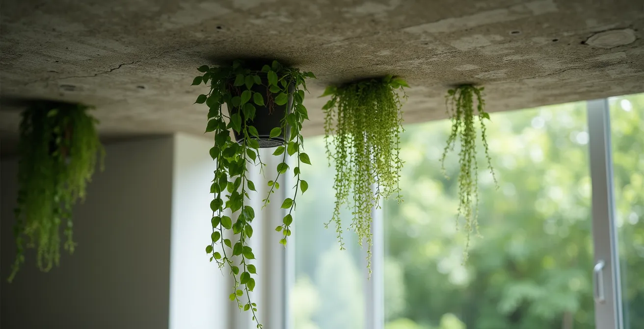 Hoher Raum mit Sichtbetondecke und vertikalen hängenden Pflanzen