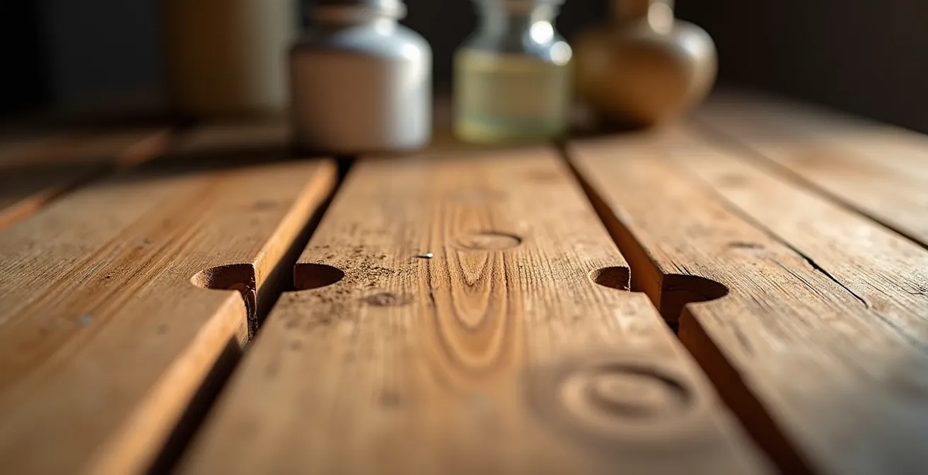 Makroaufnahme verschiedener Schadensarten an Holzoberflächen mit Wasserringen und Kratzern
