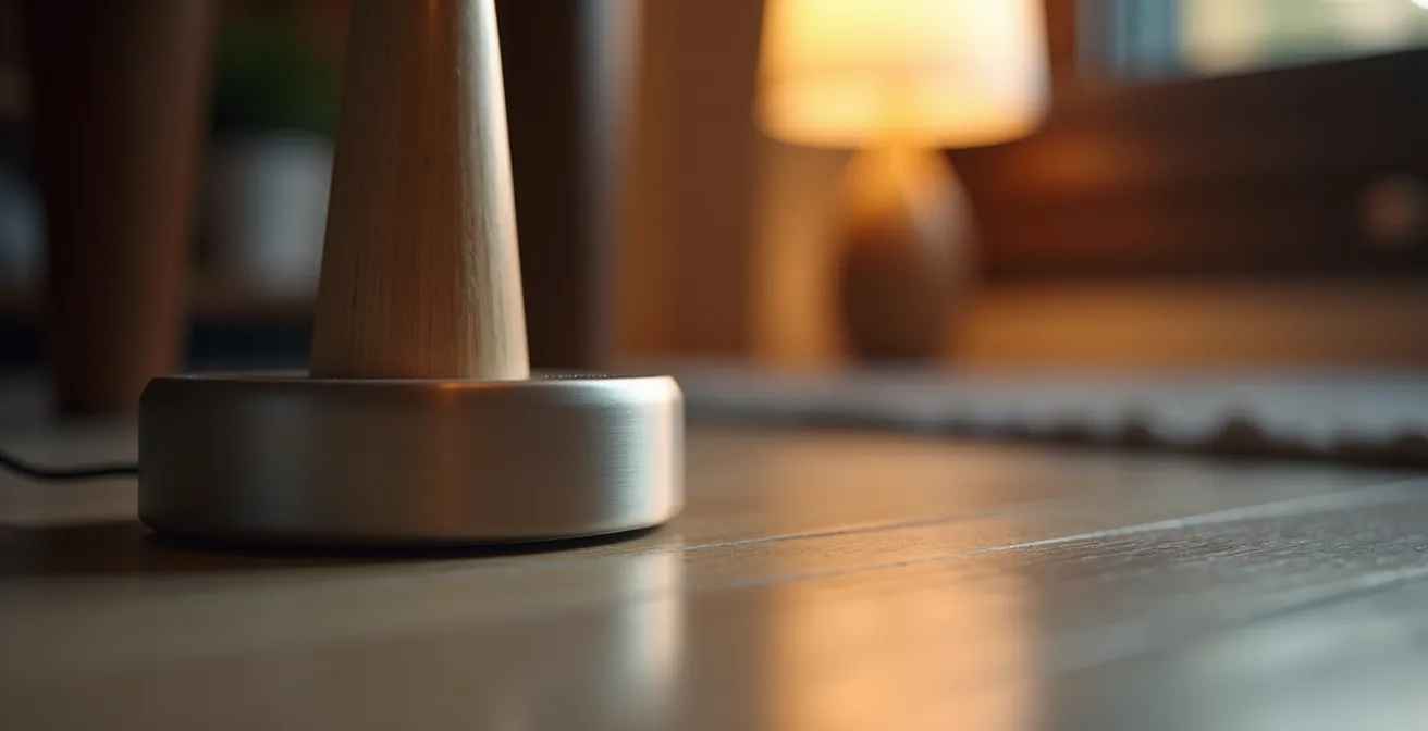 Akkubetriebene Designleuchte neben freistehendem Sessel als kabellose Lösung