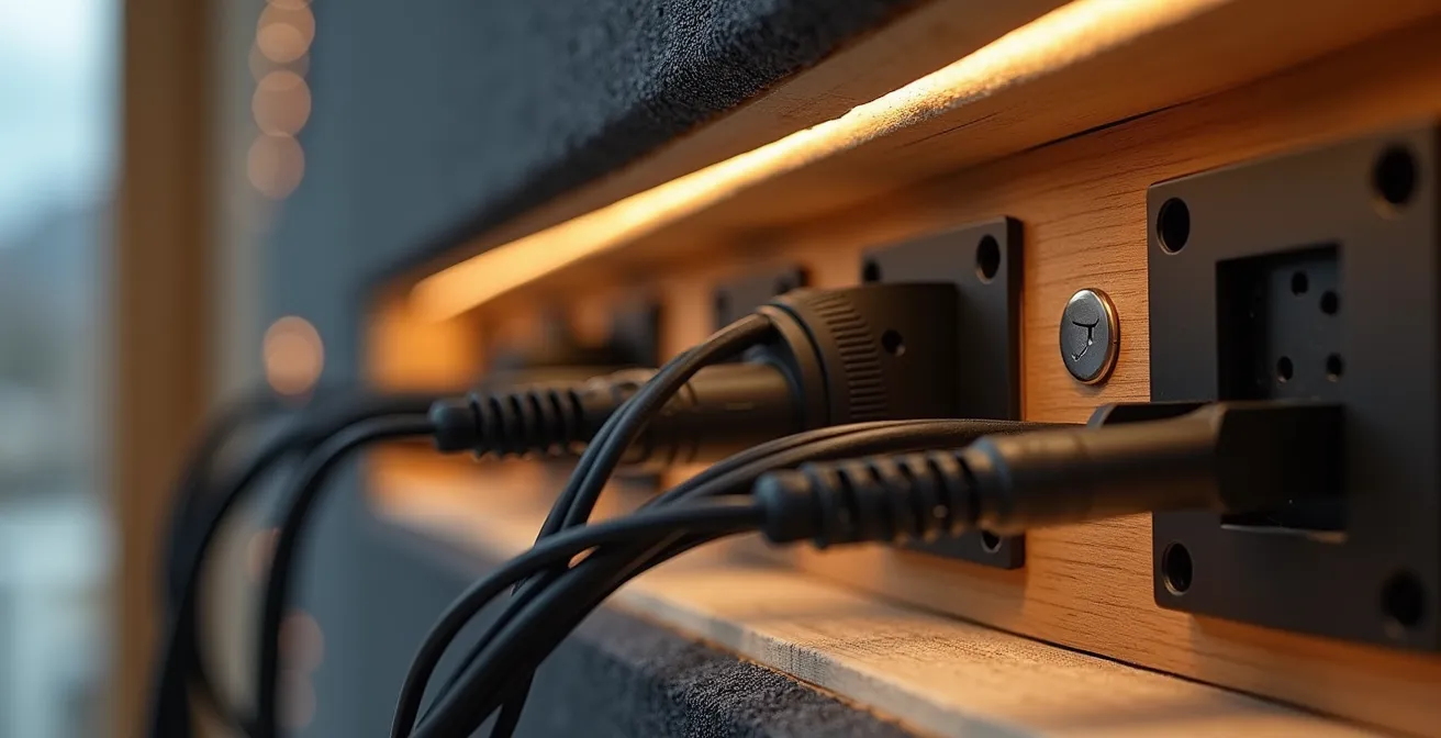 Detailansicht der Kabelführung hinter Akustikpaneelen mit Unterkonstruktion