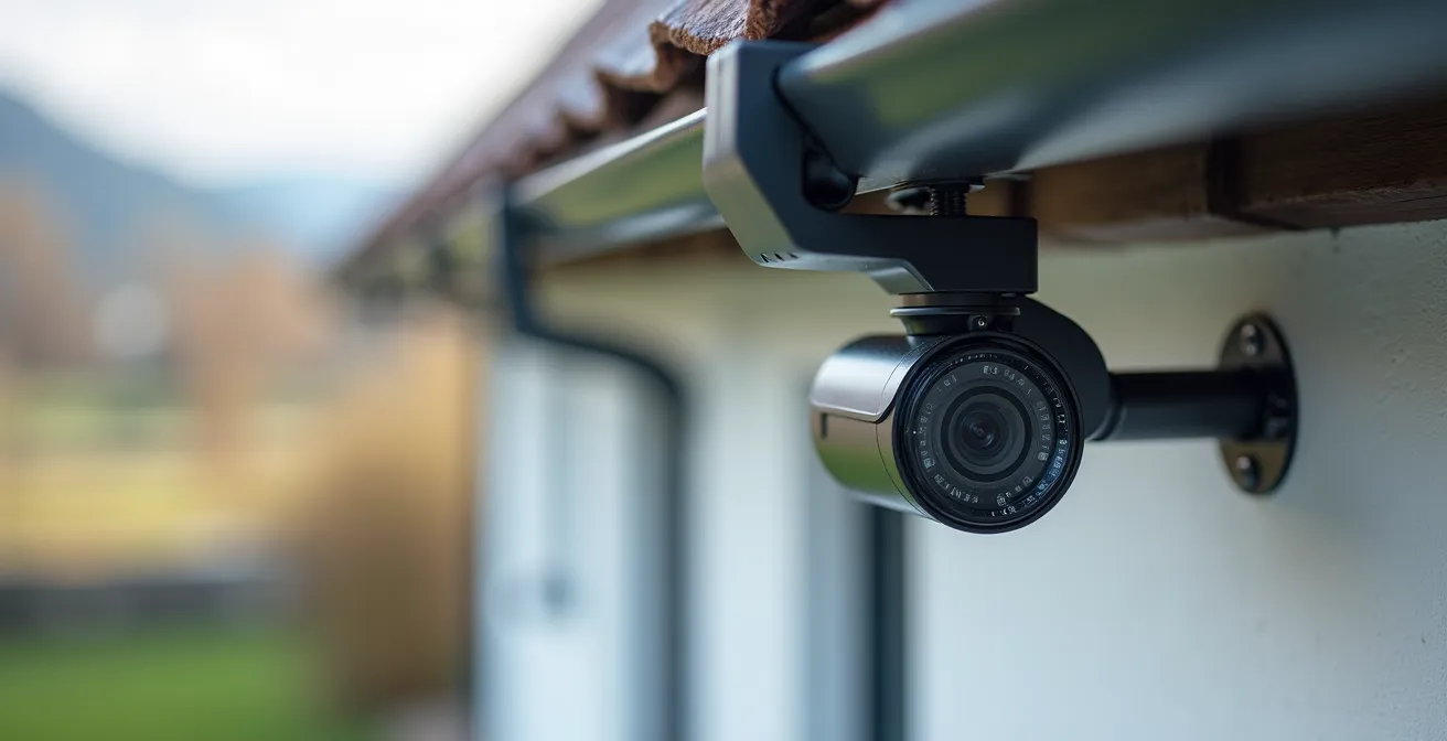 Nahaufnahme einer Kamerahalterung, die an einer Dachrinne befestigt ist und keine Durchdringung der Fassade erfordert.