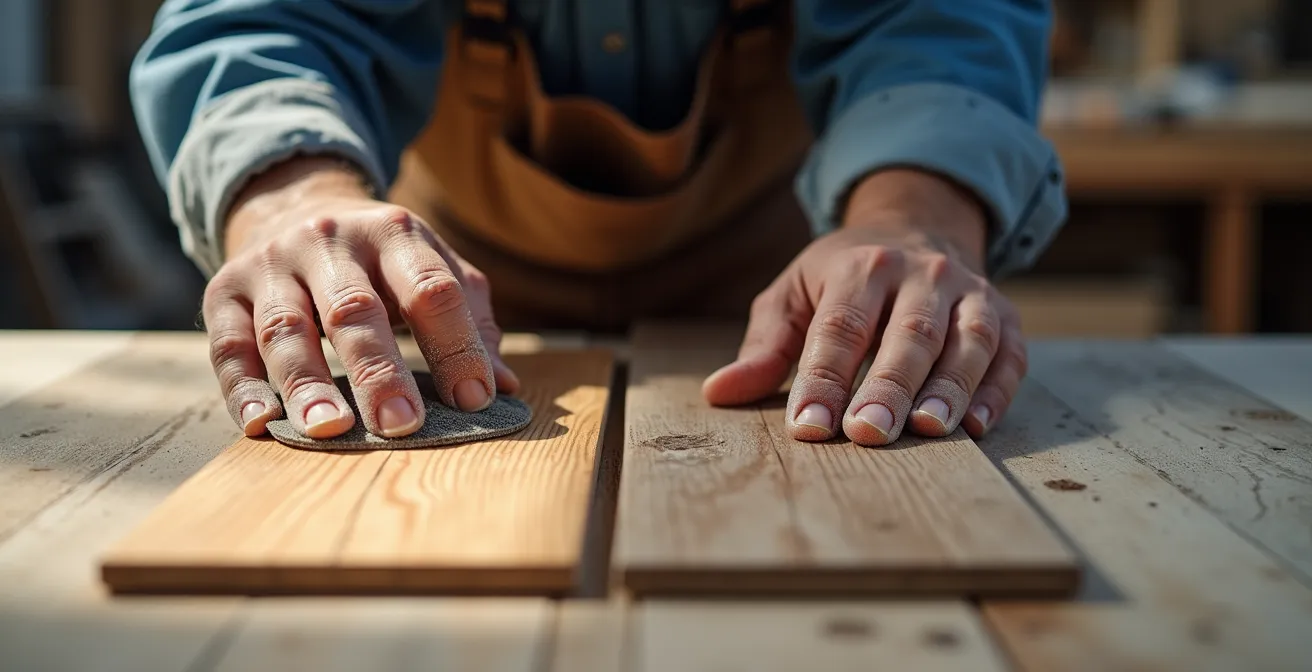 Nahaufnahme zeigt Schleifvorgang bei Parkett versus Austausch bei Vinyl