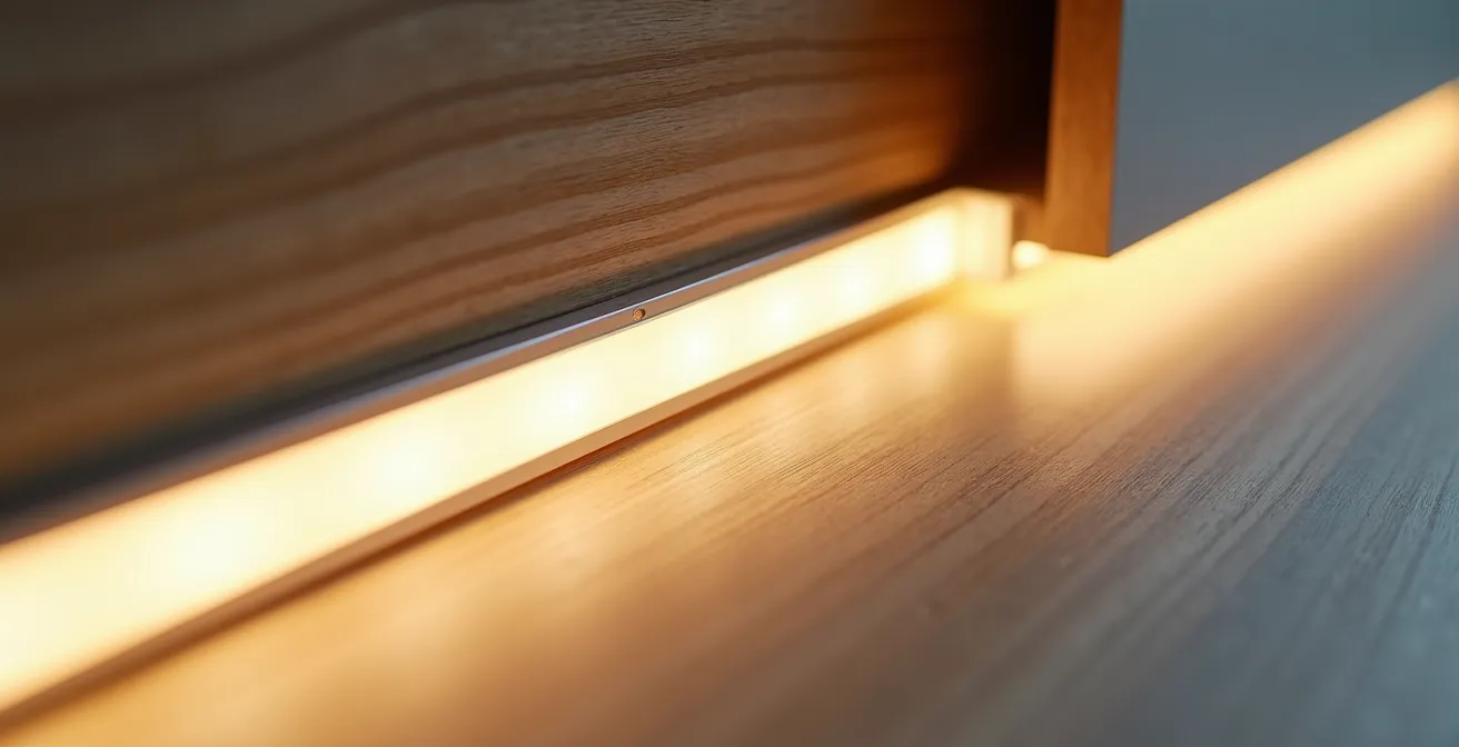Detailaufnahme einer professionellen LED-Strip-Installation hinter einem Möbelstück