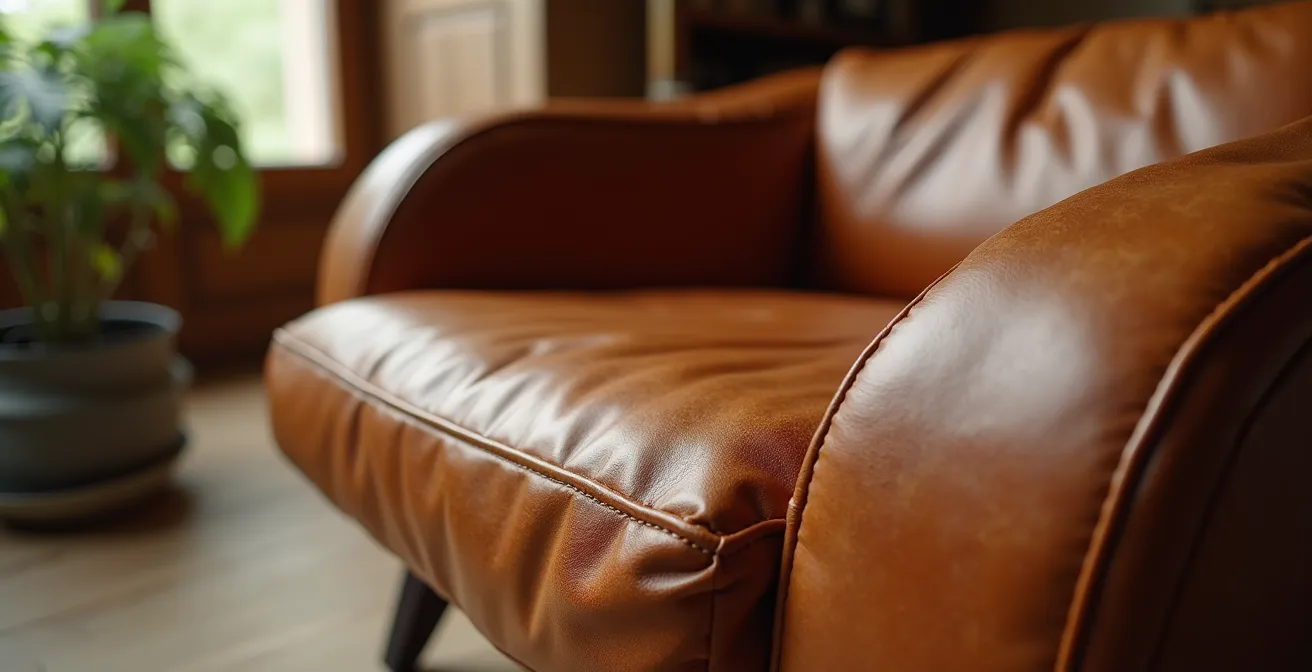 Detailaufnahme der Lederpatina auf einem klassischen Designersessel