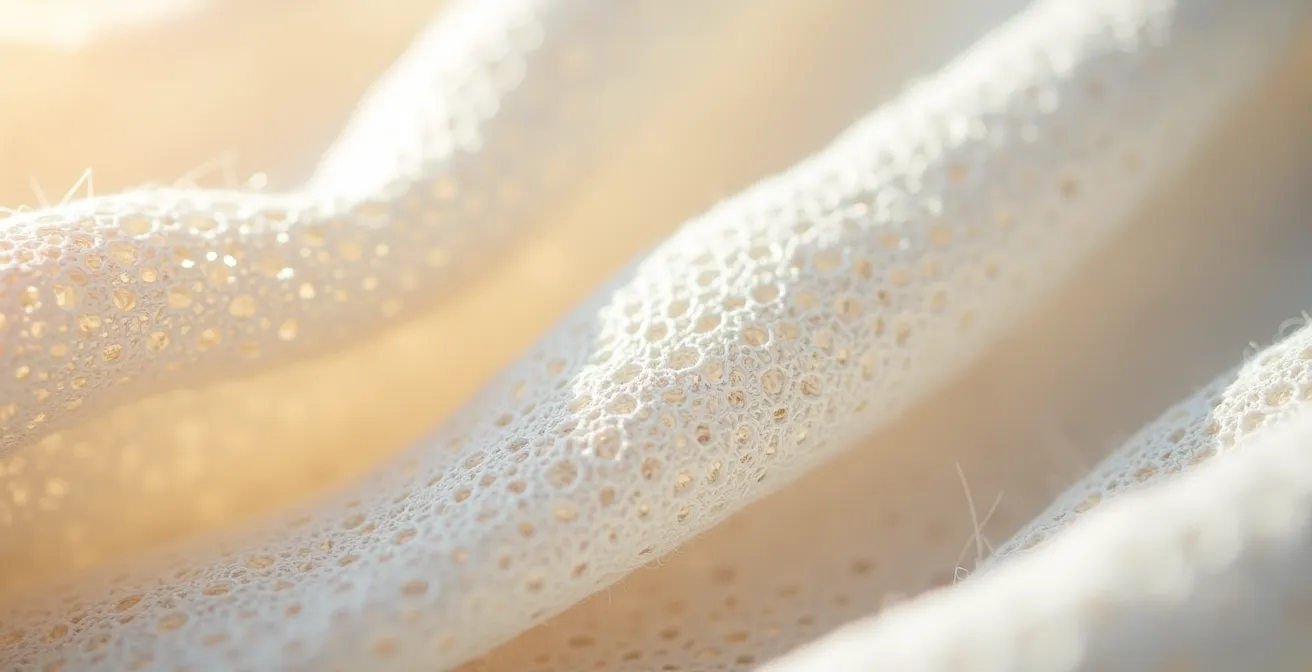 Nahaufnahme von Leinenfasern mit sichtbaren Luftkammern, die die kühlende Eigenschaft illustrieren