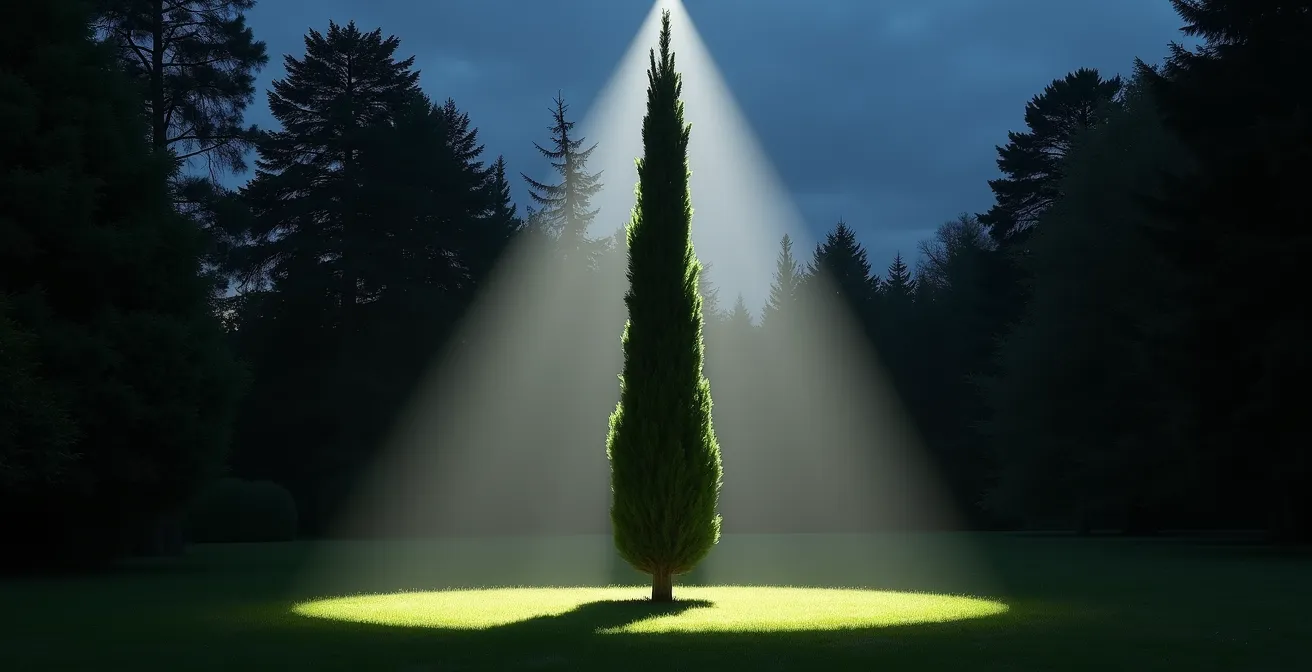 Eine hohe Säulenzypresse, die nachts von einem schmalen Lichtkegel von unten beleuchtet wird, was ihre schlanke, vertikale Form betont.
