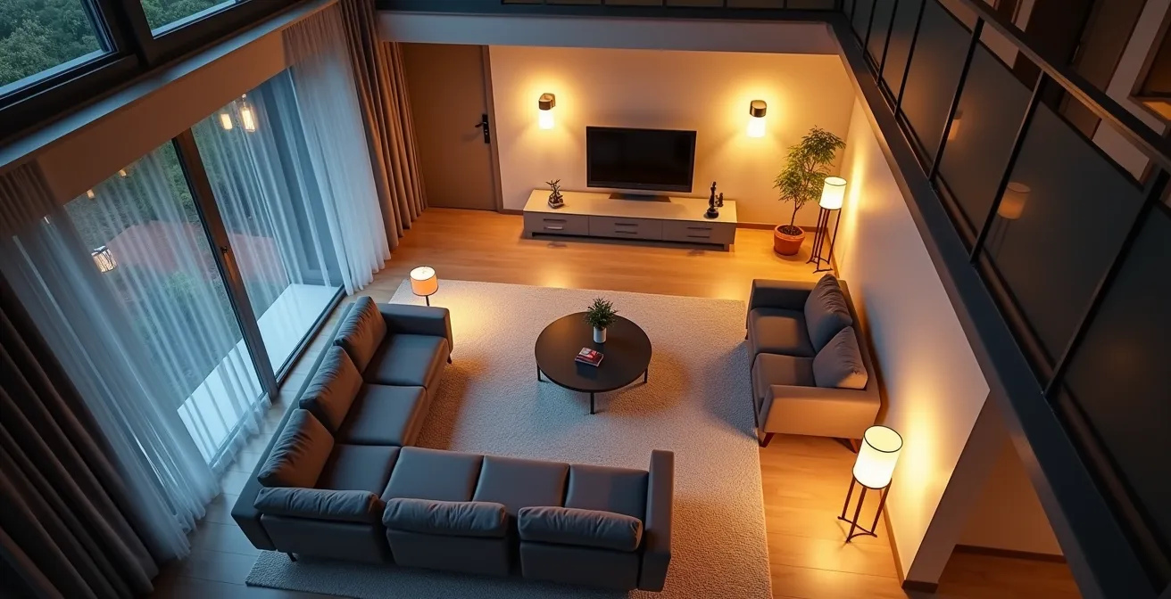 Lichtzonenplan für ein typisches Schweizer Wohnzimmer mit verschiedenen Beleuchtungszonen