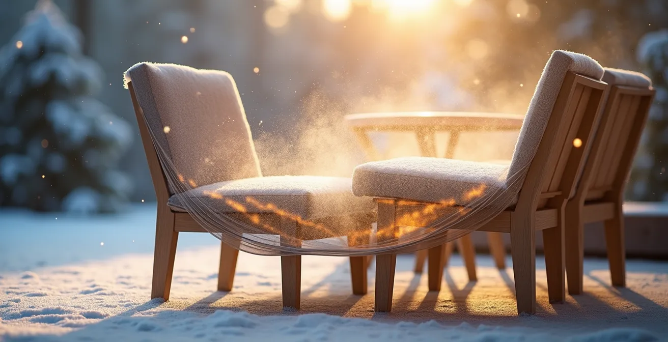 Querschnitt zeigt richtige Platzierung von Abstandshaltern unter einer atmungsaktiven Gartenmöbel-Abdeckhaube