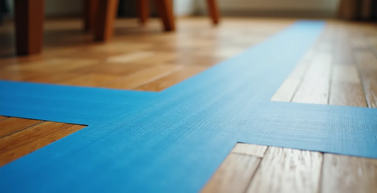 Wohnzimmerboden mit Klebeband-Markierungen zur Sesselgrössen-Visualisierung