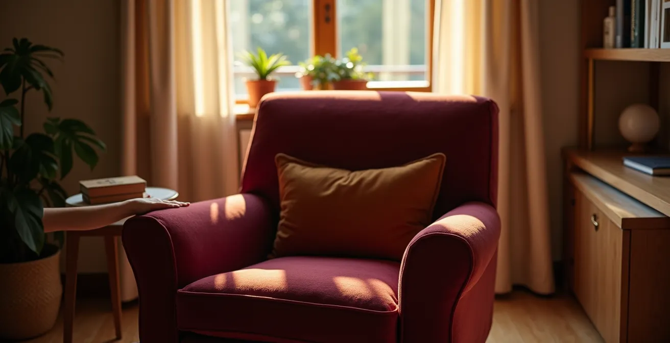 Harmonische Komposition aus einem Samtsessel, einem Holztisch und einer Metalllampe in einem Schweizer Wohnraum