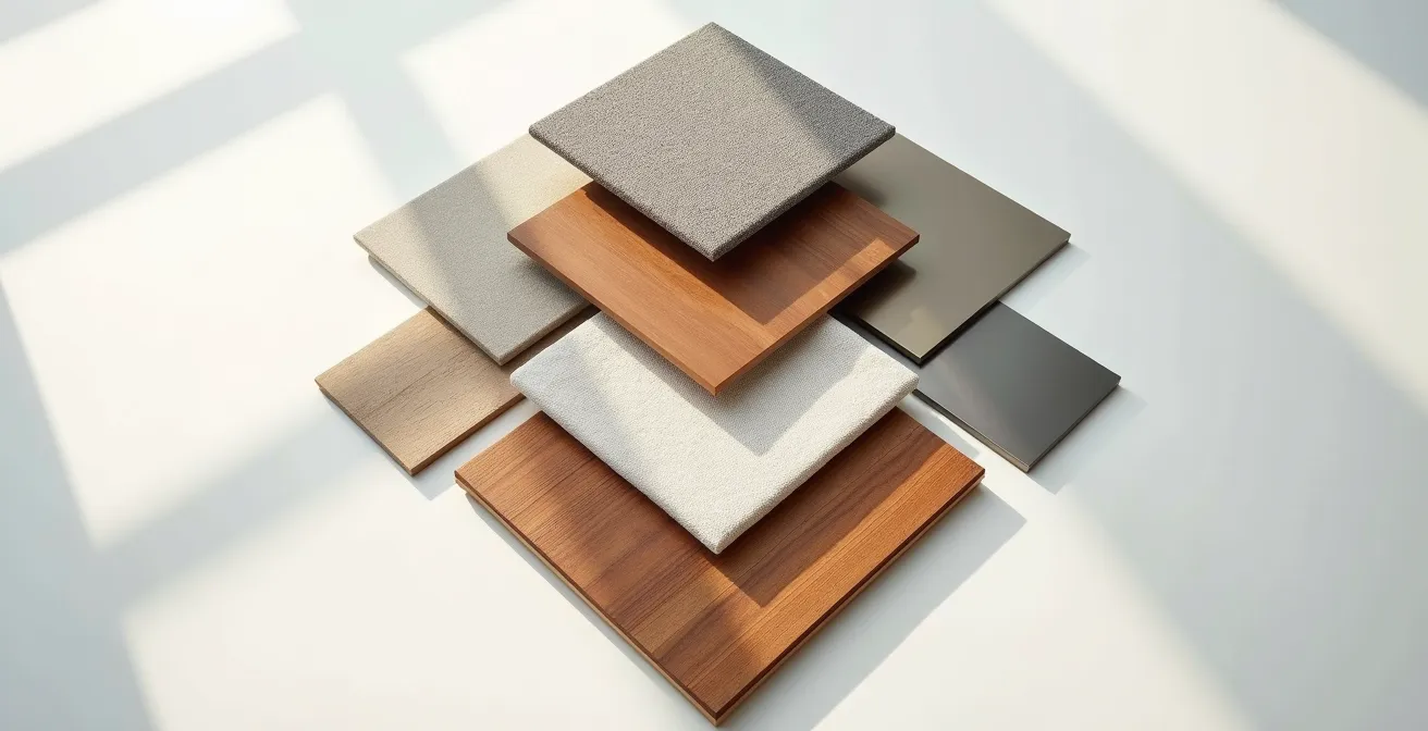 Künstlerische Anordnung von Holz-, Stoff- und Metallmustern, die den Prozess der Materialauswahl symbolisiert