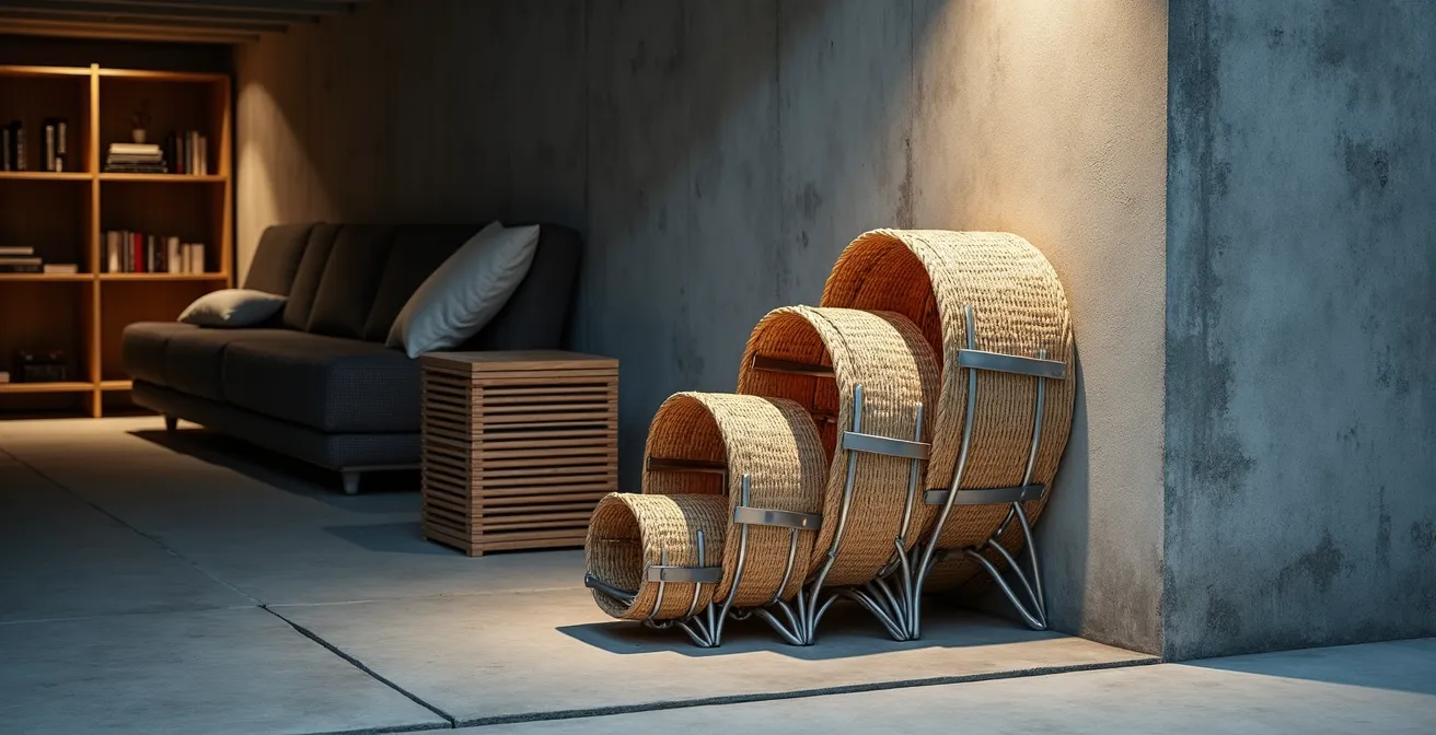 Modulare Loungemöbel platzsparend für Winterlagerung gestapelt