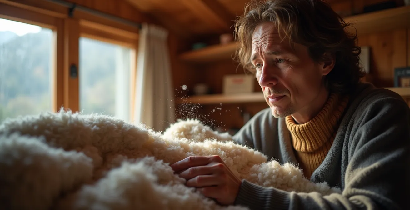 Detailaufnahme von Wollfasern mit Feuchtigkeitstropfen