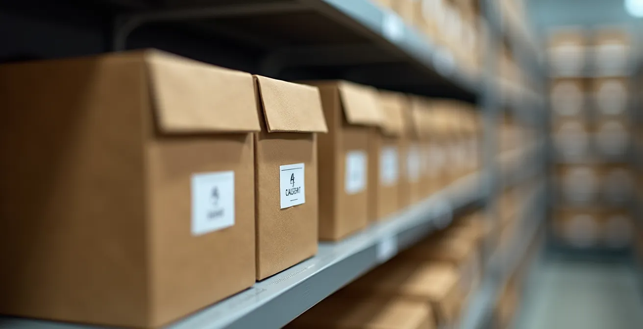 Systematisch beschriftete Aufbewahrungsboxen in einem organisierten Schweizer Haushalt