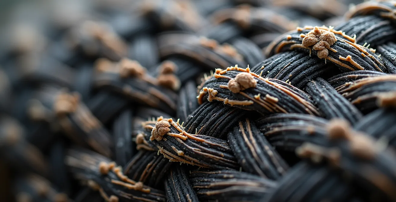 Makroaufnahme von UV-geschädigtem Polyrattan-Rundgeflecht, das spröde und rissig ist