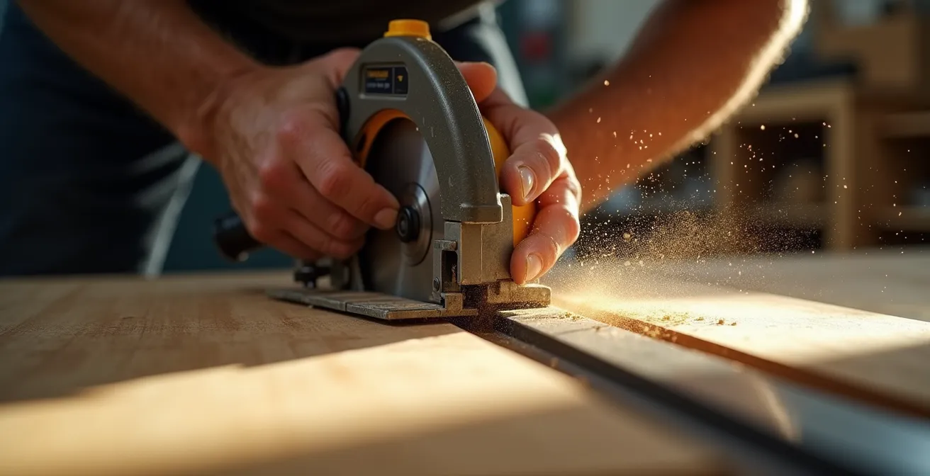 Nahaufnahme einer Kreissäge mit Führungsschiene beim Schneiden eines Akustikpaneels