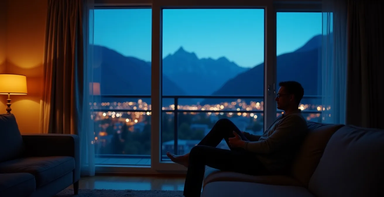 Wohnraum mit bodentiefen Fenstern und intelligentem Sichtschutz bei Dämmerung