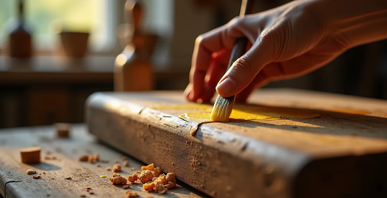 Detailaufnahme eines antiken Stuhls in Restaurierung mit traditionellen Schweizer Handwerkzeugen