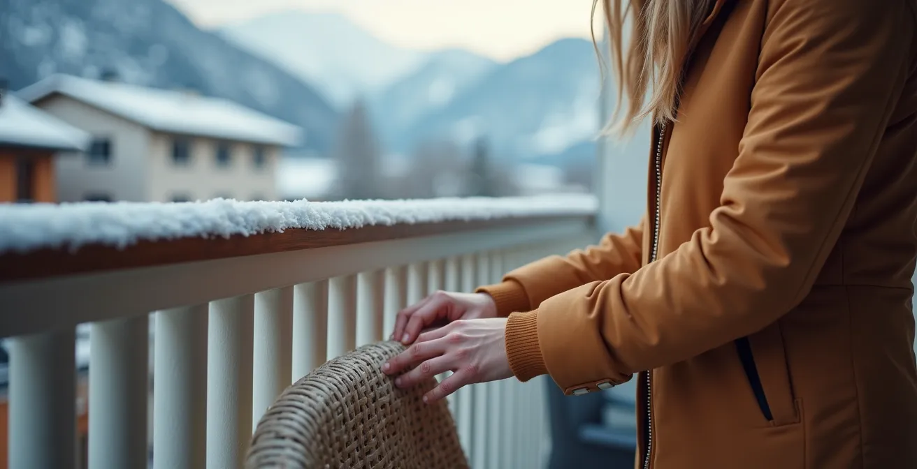 Person deckt Polyrattan-Möbel auf einem winterlichen Schweizer Balkon sorgfältig mit einer Schutzhülle ab