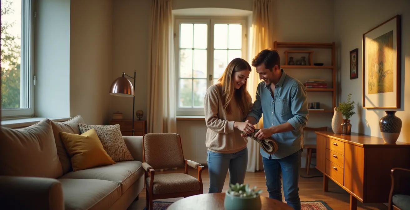 Stilvolle Wohnungseinrichtung mit Mix aus Vintage-Fundstücken und modernen Schweizer Möbeln