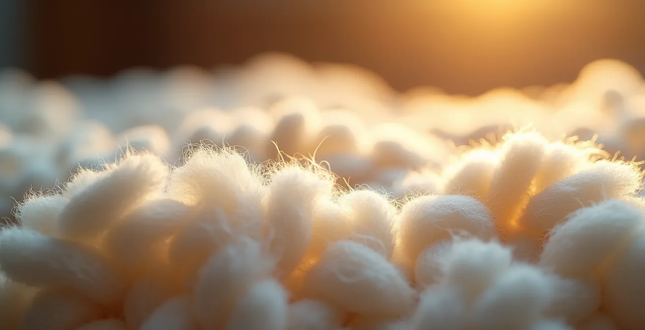 Makroaufnahme einer Schweizer Schafwolldecke mit sichtbarer Faserstruktur