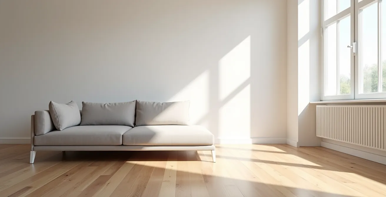 Freistehendes Sofa in modernem Schweizer Minergie-Apartment, das den Raumfluss lenkt