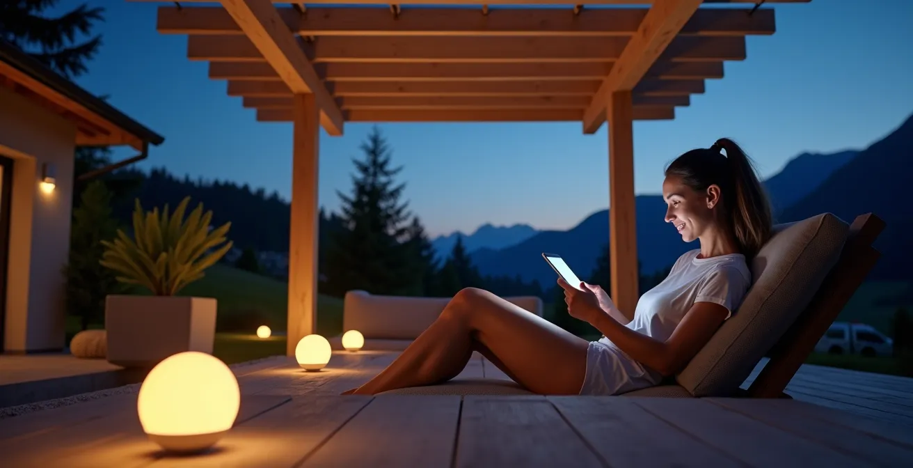 Gartenlounge mit diskretem Outdoor-Access-Point und Smart-Garden-Beleuchtung