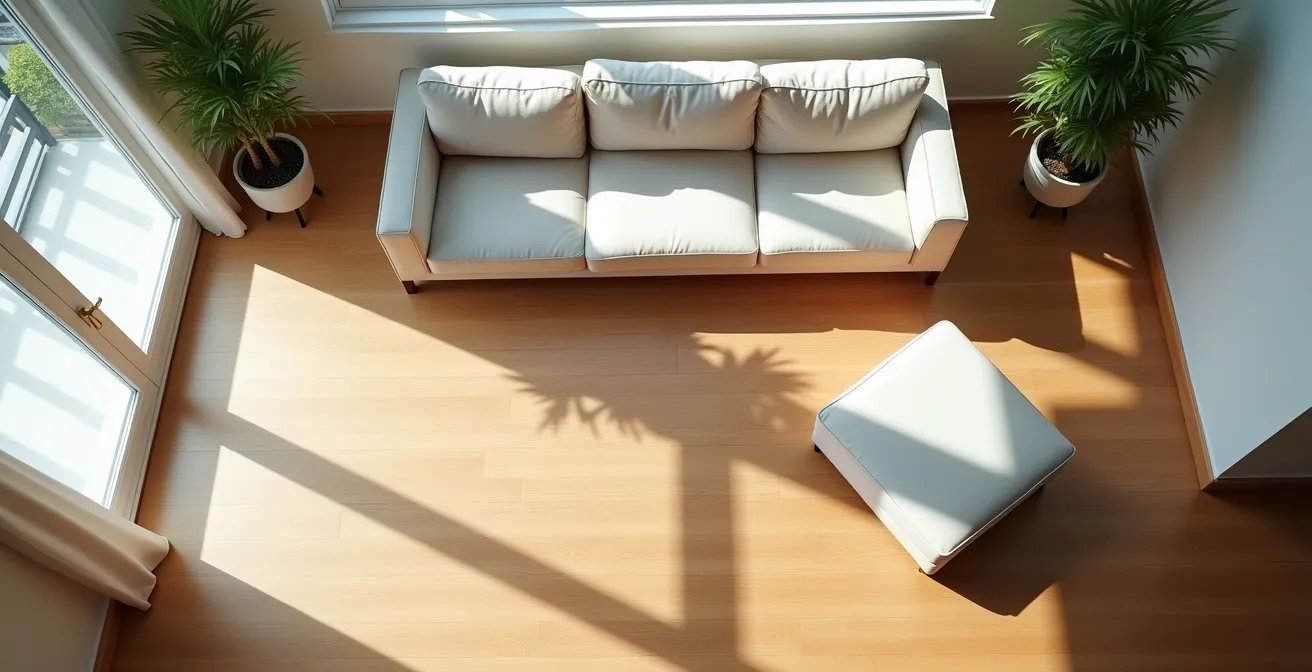 Draufsicht eines kleinen Wohnzimmers mit optimal platziertem 3-Sitzer Sofa