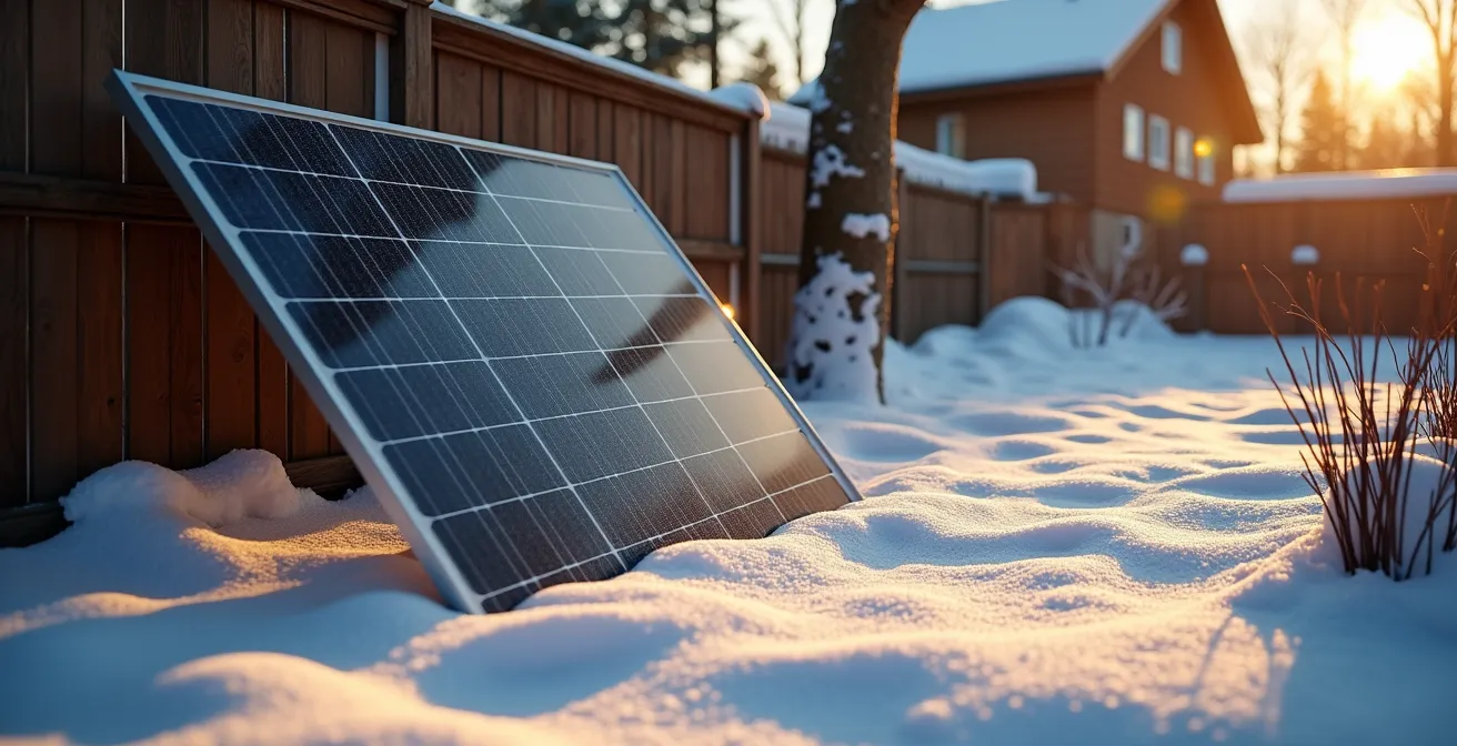 Visualisierung des flachen Sonnenstands im Schweizer Winter mit langen Schatten, die auf ein Solarpanel fallen.