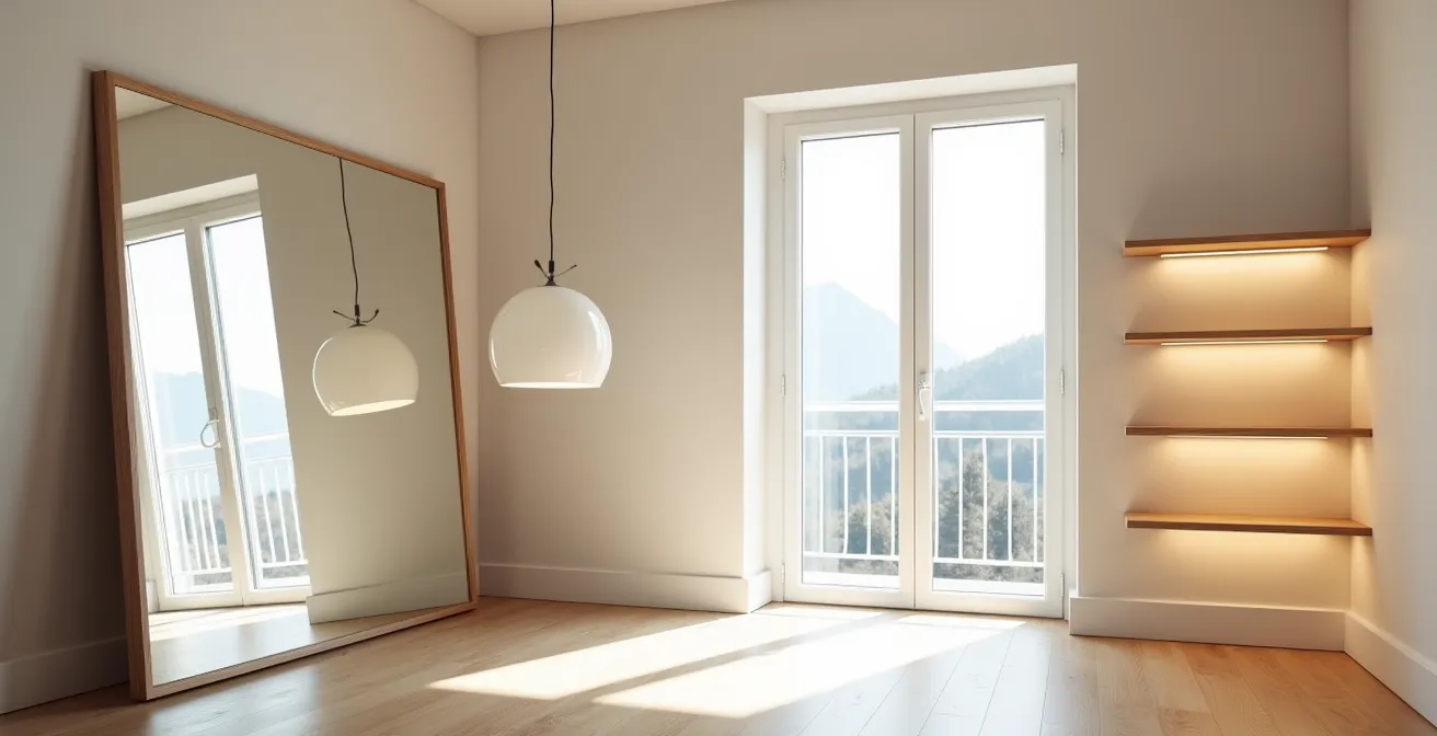 Heller Wohnraum mit strategisch platzierten Spiegeln und mehreren Lichtquellen